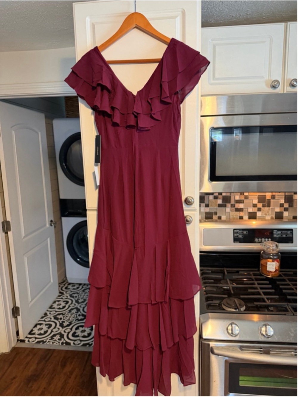 NWT Lulus Charming Event Burgundy Asymmetrical Ruffled Maxi Dress - Picture 7 of 10
